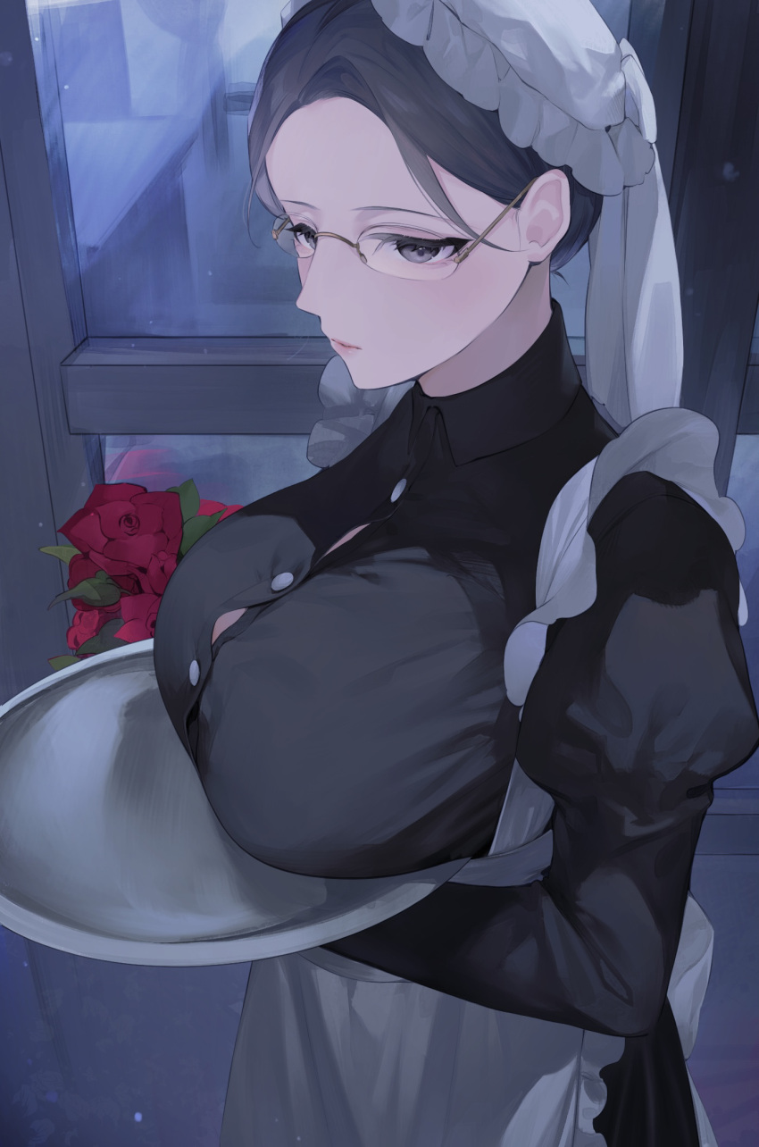 1girl apron black_dress black_hair blush breast_rest breasts button_gap dress flower glasses hat highres holding holding_tray juliet_sleeves koyo_akio large_breasts long_sleeves looking_ahead mob_cap original puffy_sleeves red_flower red_rose rimless_eyewear rose solo tagme tray white_apron