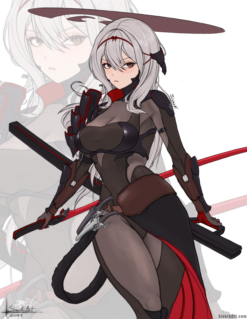 1girl absurdres arm_guards armor armored_bodysuit belt bodysuit breasts brown_belt brown_bodysuit brown_eyes commentary dagger dated english_commentary feet_out_of_frame goddess_of_victory:_nikke grey_hair hair_between_eyes halo highres japanese_armor katana knife long_hair looking_at_viewer medium_breasts official_alternate_costume parted_lips reverse_grip scabbard scarlet_(nikke) sheath shoulder_armor signature simple_background sivarkart solo standing sword unsheathed weapon web_address white_background zoom_layer