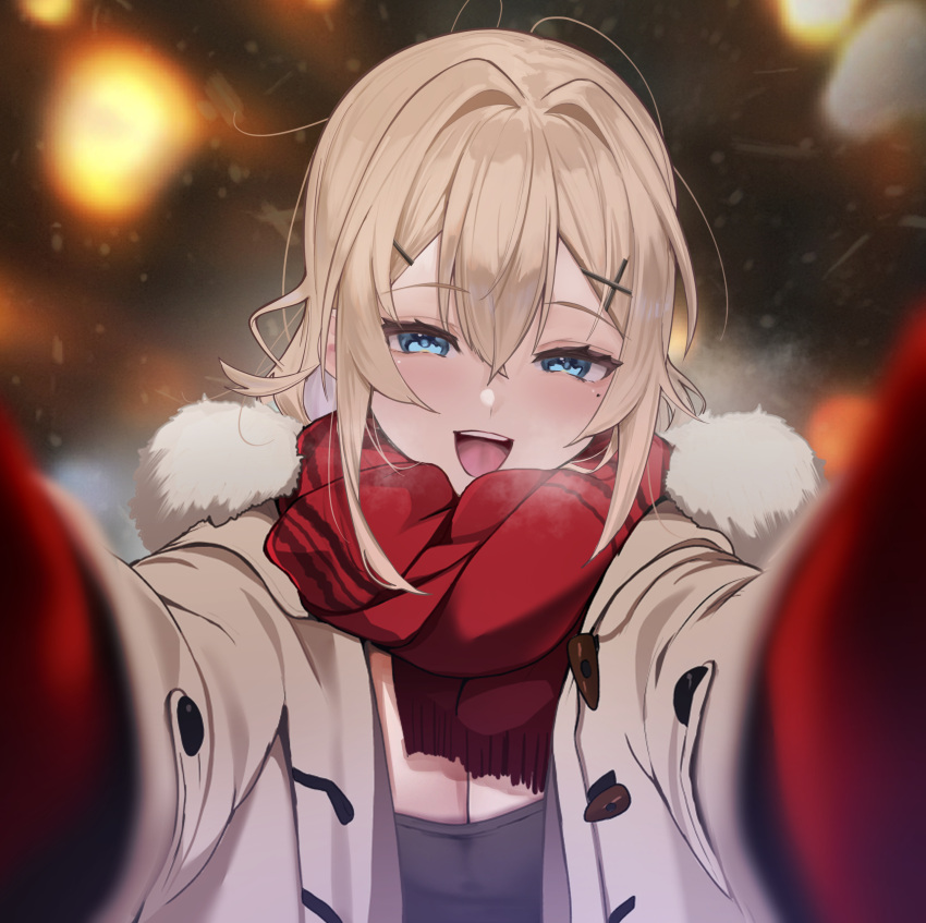 absurdres blonde_hair blue_eyes breasts cleavage fang_qiao hair_between_eyes hair_intakes highres jacket large_breasts long_hair long_sleeves looking_at_viewer meme mittens night on'na_eshi_(fang_qiao) open_mouth original outdoors pov_cheek_warming_(meme) red_scarf scarf smile snow teeth tongue upper_teeth_only