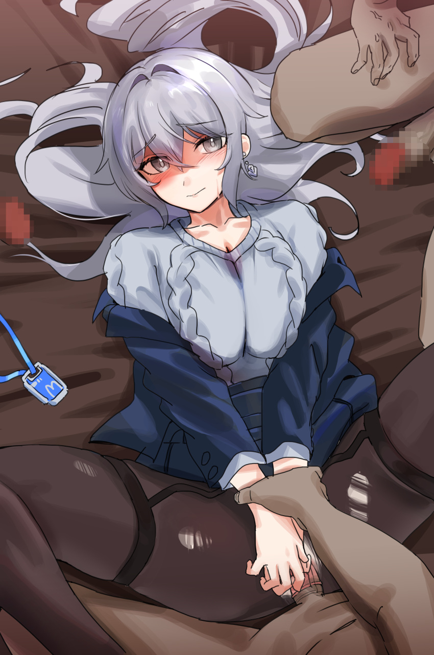 1girl 3boys absurdres bed bronya_zaychik bronya_zaychik_(silverwing:_n-ex) censored clothed_sex condom condom_on_penis dark-skinned_male dark_skin earrings gangbang grey_hair group_sex hetero highres honkai_(series) honkai_impact_3rd id_card id_photo jacket jewelry long_hair mosaic_censoring multiple_boys on_bed pantyhose penis sex torn_clothes torn_pantyhose vaginal