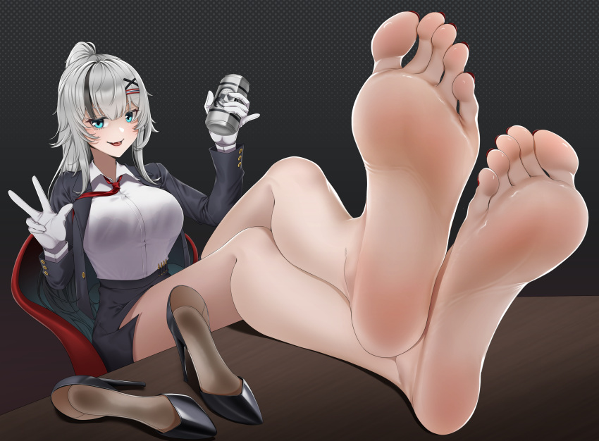 1girl :p absurdres bad_perspective bare_legs barefoot black_background black_footwear black_hair blue_eyes breasts c14_(girls'_frontline) c14_(new_staff)_(girls'_frontline) can commission fang feet feet_on_table foot_focus footprints full_body girls'_frontline gloves grey_hair hair_ornament high_heels highres holding holding_can jacket large_breasts legs multicolored_hair nail_polish necktie office_lady official_alternate_costume pixiv_commission ponytail red_necktie shirt shoes simple_background skin_fang soles solo stiletto_heels streaked_hair toenail_polish toenails toes tongue tongue_out tsa unworn_shoes white_gloves white_shirt x_hair_ornament