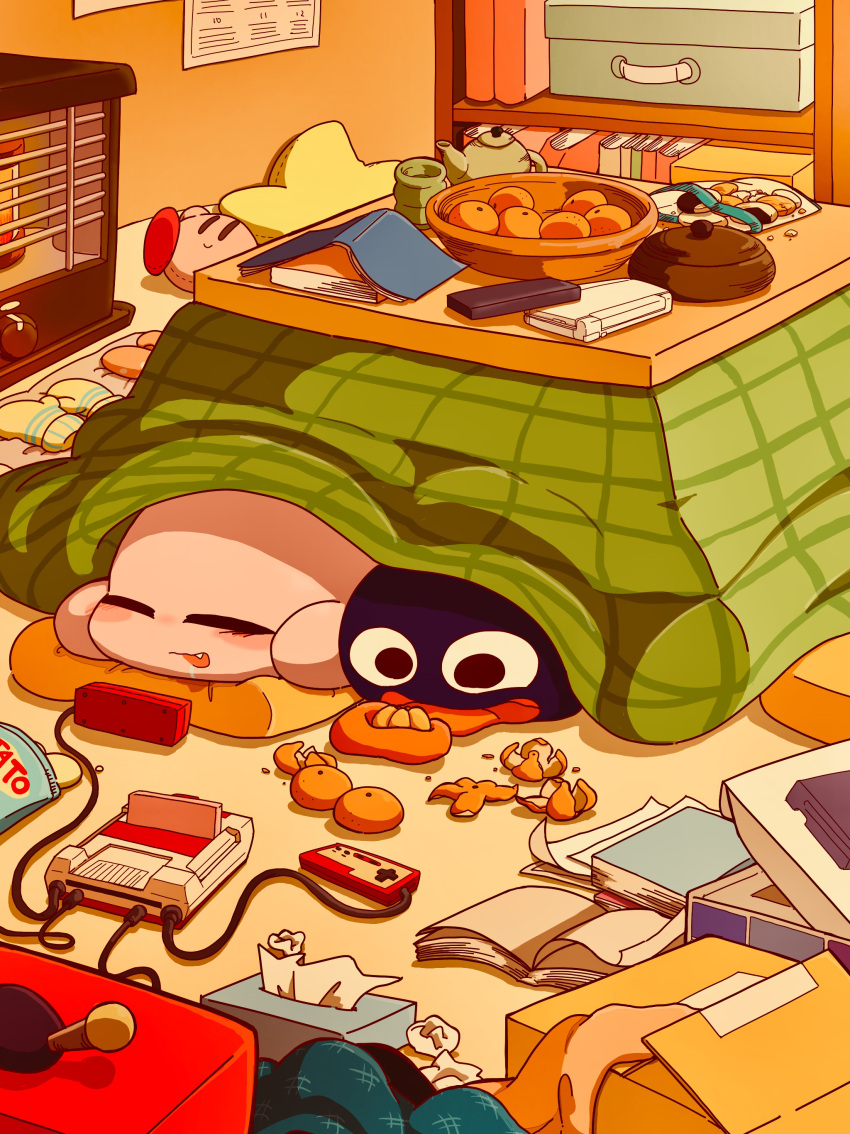 absurdres bag bag_of_chips basket blush book bookshelf box cable character_doll chips_(food) closed_eyes commentary_request controller cookie crumbs cup cushion drooling famicom fang food fruit game_console game_controller gooey_(kirby) handheld_game_console heater highres indoors jar kirby kirby_(series) kotatsu long_tongue lying mandarin_orange mittens nintendo_ds no_humans on_stomach open_book open_mouth orange_peel paper potato_chips satojoyu smile star_(symbol) star_pillow table teapot television tissue tissue_box tongue tongue_out under_kotatsu under_table unworn_mittens yunomi