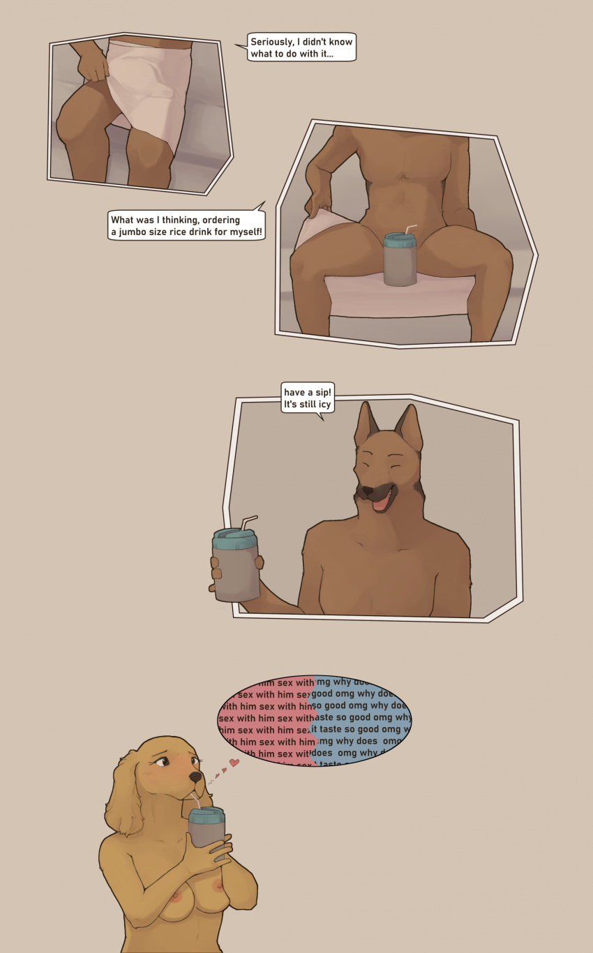 2023 4_fingers absurd_res anthro beverage bfkitsu1550 bird_dog black_nose blush breasts brown_body brown_fur bulge canid canine canis convenient_censorship dialogue digital_drawing_(artwork) digital_media_(artwork) domestic_dog drinking duo english_text erect_nipples eyes_closed female fingers fur german_shepherd herding_dog hi_res humanoid_hands humor hunting_dog male male/female mammal nipples nude pastoral_dog removing_towel sauna shaded sitting smile soft_shading spaniel speech_bubble tan_body tan_fur text thought_bubble tongue towel towel_around_waist towel_bulge towel_only