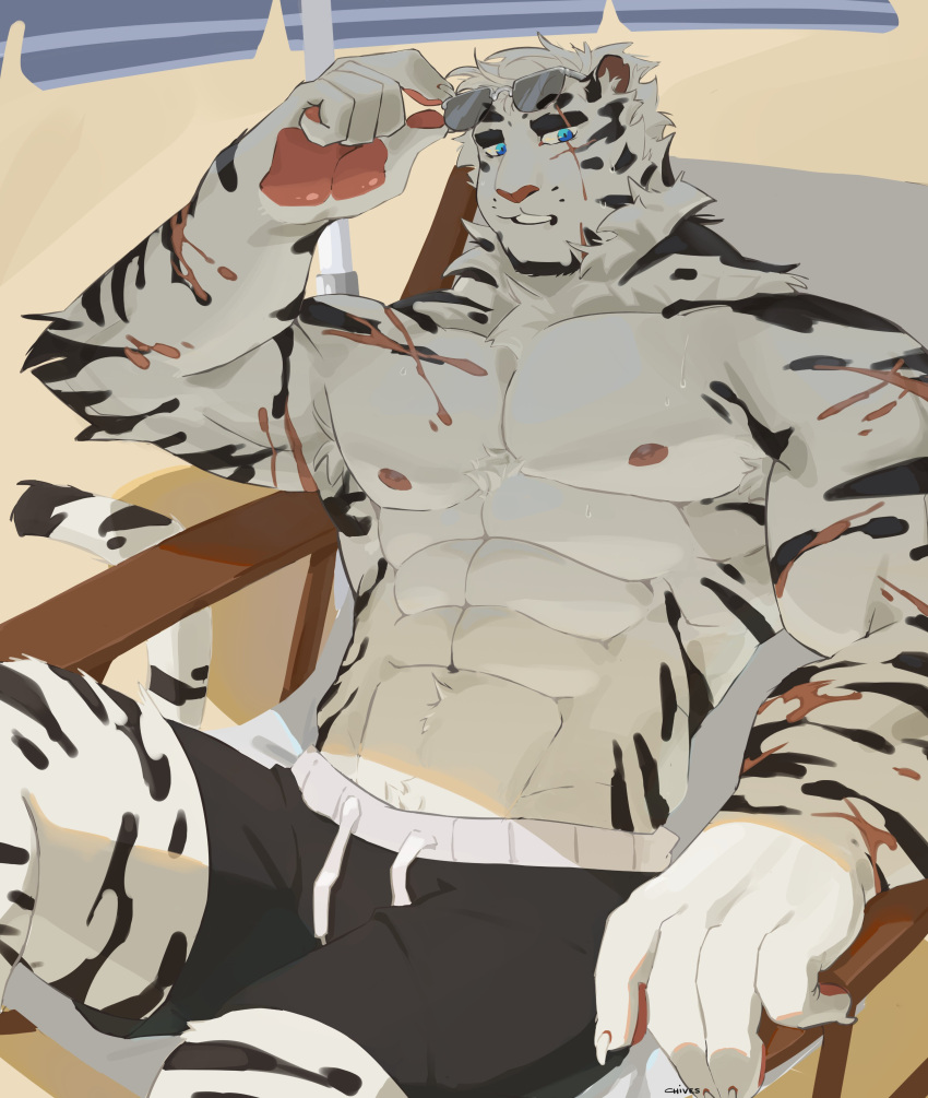 1boy abs absurdres adjusting_eyewear animal_ears arknights artist_name bara beach beach_umbrella black_shorts blue_eyes claws dodongchives furry furry_male hand_on_eyewear highres looking_at_viewer male_focus mountain_(arknights) multiple_scars pawpads pectorals scar scar_across_eye scar_on_arm scar_on_face shorts sunglasses swimsuit tail tiger_boy tiger_ears tiger_stripes tiger_tail topless_male umbrella