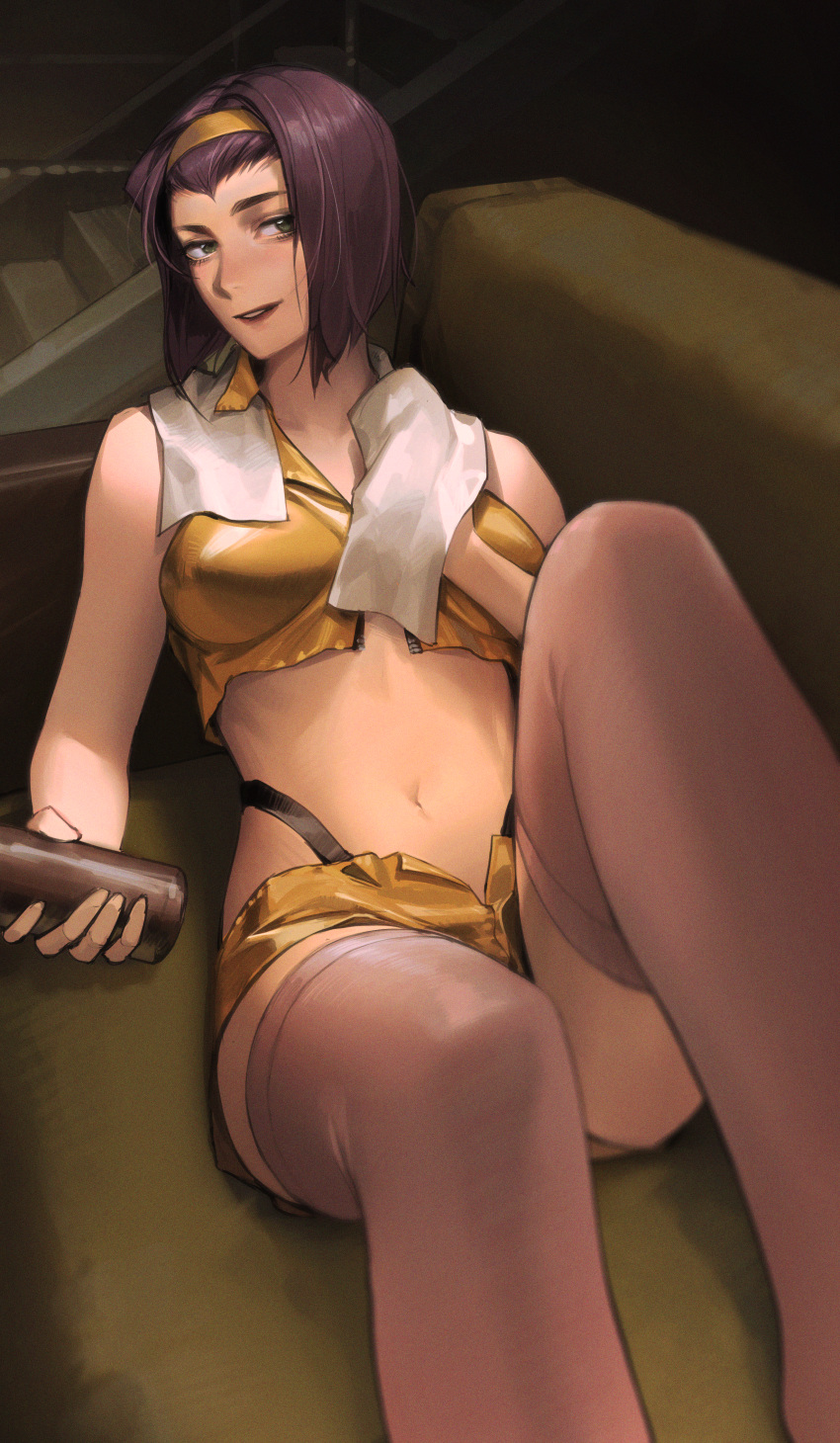 1girl absurdres bare_arms bare_shoulders breasts breasts_apart can collarbone collared_shirt commentary couch cowboy_bebop crop_top dress_shirt faye_valentine green_eyes grin hairband highleg highleg_panties highres holding holding_can holding_towel impossible_clothes impossible_shirt indoors knees_up large_breasts limart lipstick looking_at_viewer makeup midriff mixed-language_commentary navel on_couch panties purple_hair reclining shirt short_hair short_shorts shorts sleeveless sleeveless_shirt smile solo stairs thighhighs towel towel_around_neck underwear white_towel wing_collar yellow_hairband yellow_shirt yellow_shorts zipper