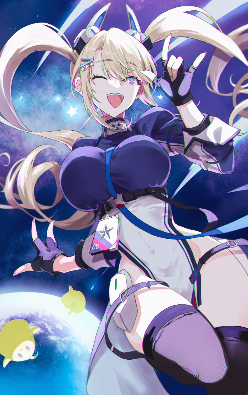 \m/ absurdres azur_lane between_breasts blonde_hair blue_eyes breasts covered_navel earth_(planet) fingerless_gloves gloves guam_(azur_lane) hair_ornament highres id_card large_breasts long_hair manjuu_(azur_lane) neu_(musyoku-neet) one_eye_closed open_mouth planet smile snap-fit_buckle space star-shaped_pupils star_(sky) star_(symbol) symbol-shaped_pupils teeth thighhighs twintails upper_teeth_only