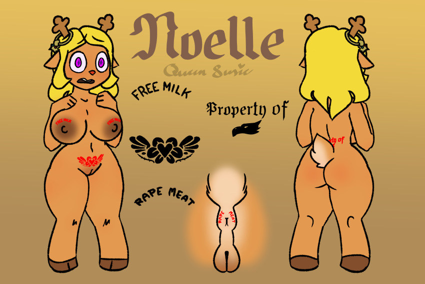 absurd_res anthro antlers anus anus_tattoo areola artist_name back_tattoo bare_hips bare_shoulders bare_thighs big_areola big_breasts big_butt blonde_hair blush breasts brown_body brown_fur butt crotch_shot deer delta_rune_(emblem) deltarune ears_down female flat_colors full-length_portrait fur genitals hair heart_tattoo hi_res horn jewelry lex_charm long_hair mammal model_sheet multiple_angles navel nipple_tattoo noelle_holiday nude pivoted_ears plant portrait purple_eyes pussy queen_susie rear_view short_tail signature simple_background solo standing symbol tail tattoo text thick_thighs undertale undertale_(series) vine_tattoo vines womb_tattoo