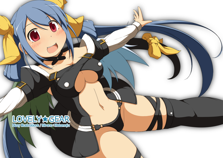 artist_name asymmetrical_wings bare_shoulders black_legwear blue_hair blush bow breasts character_name choker dizzy guilty_gear hair_bow highres long_hair looking_at_viewer medium_breasts mirano navel open_mouth outstretched_arms red_eyes ribbon smile solo tail tail_ribbon thighhighs twintails underboob very_long_hair white_background wings