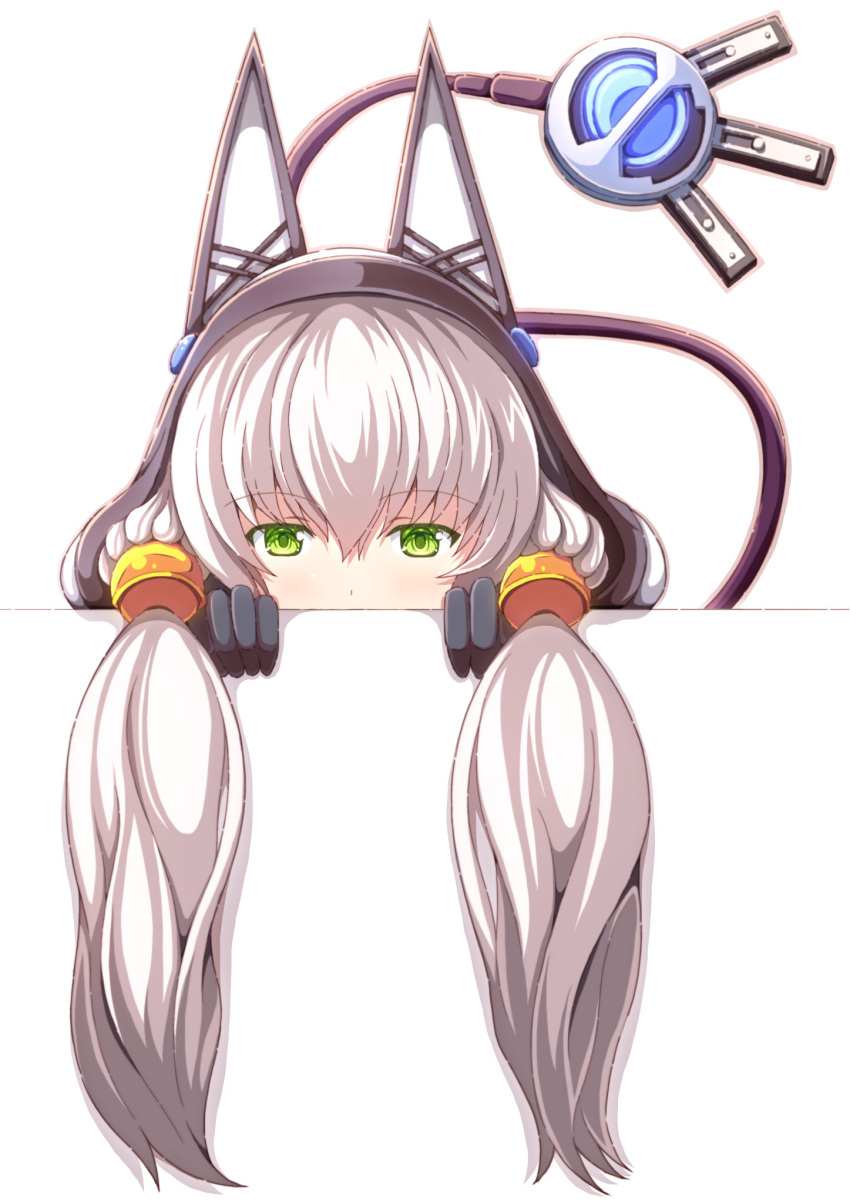 1girl altina_orion animal_ear_hood bell binzume_suika black_gloves covered_mouth eiyuu_densetsu gloves green_eyes hair_ornament highres hood hood_up jingle_bell long_hair looking_at_viewer low_twintails mechanical_tail peeking_out sen_no_kiseki simple_background solo tail twintails white_background white_hair