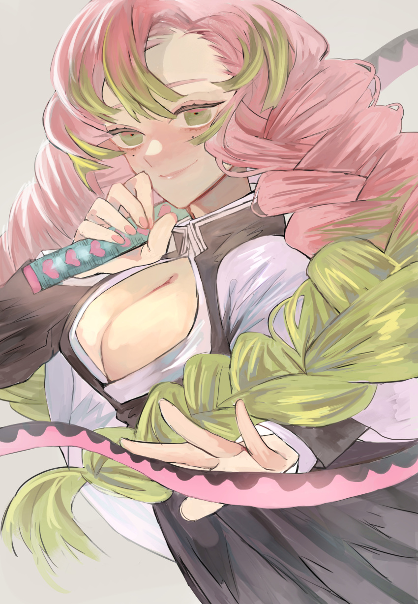 1girl absurdres blush braid breasts cleavage demon_slayer_uniform emasrrkn gradient_hair green_eyes green_hair grey_background highres holding holding_sword holding_weapon japanese_clothes kanroji_mitsuri kimetsu_no_yaiba large_breasts long_hair long_sleeves looking_at_viewer mole mole_under_eye multicolored_hair pink_hair smile solo sword twin_braids weapon whip_sword