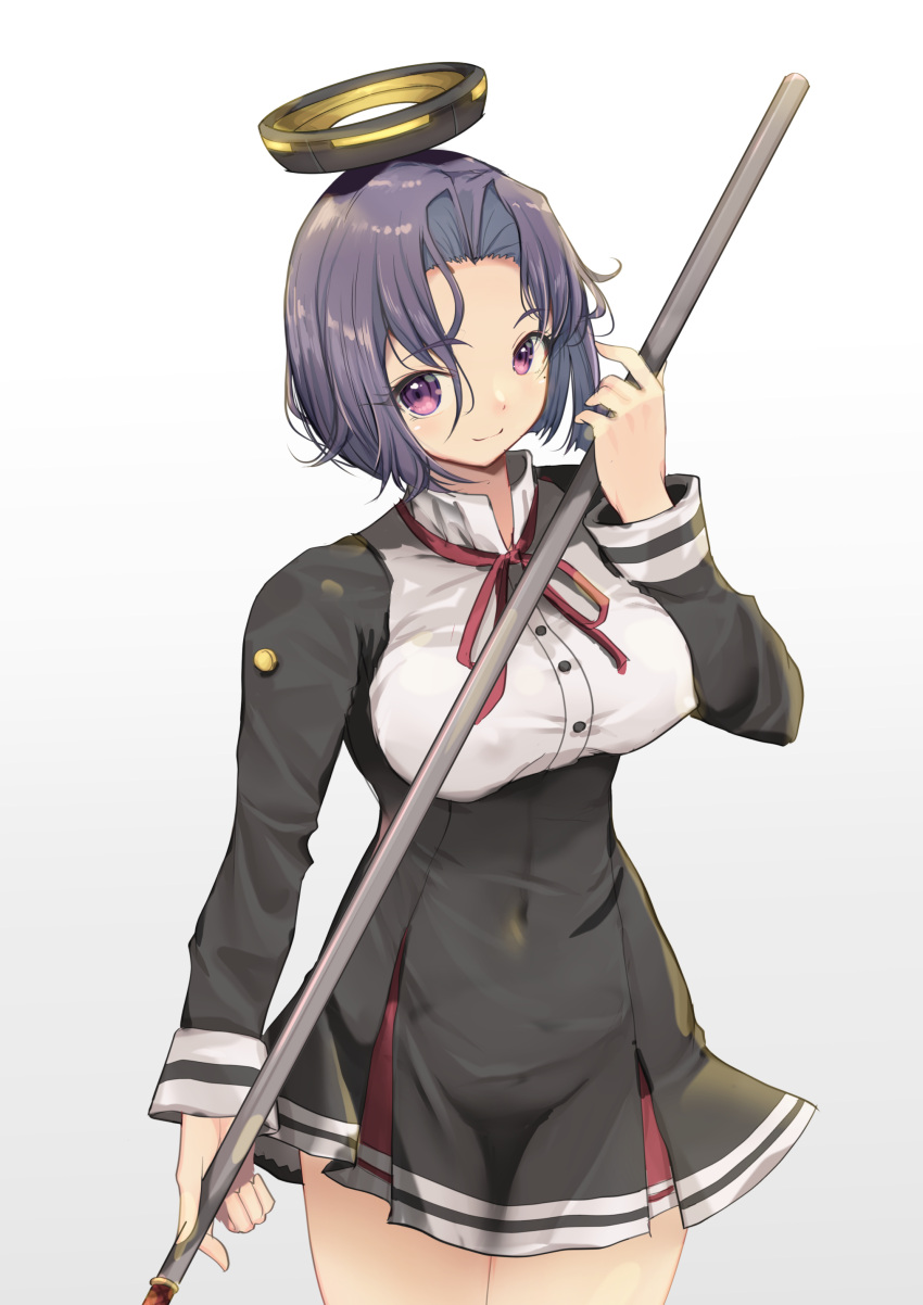 1girl absurdres black_dress breasts collared_shirt cowboy_shot dress dress_shirt hair_intakes halo headgear highres kantai_collection large_breasts looking_at_viewer mechanical_halo neck_ribbon polearm purple_eyes purple_hair red_ribbon ribbon shirt short_hair solo standing tatsuta_(kancolle) weapon white_shirt yashin_(yasinz)