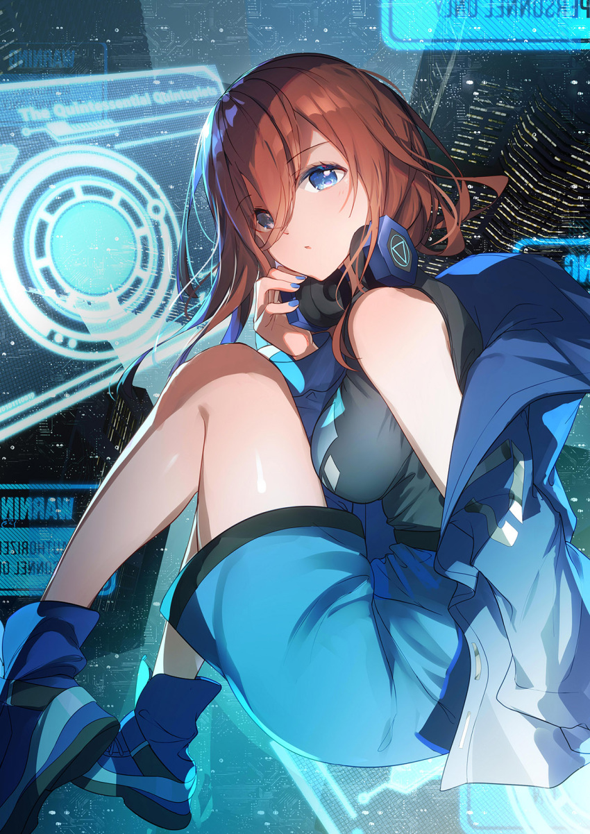1girl alternate_costume bare_legs bare_shoulders bison_cangshu black_shirt blue_eyes blue_footwear blue_jacket blue_nails blue_skirt boots breasts brown_hair colored_eyelashes commentary eyelashes floating_hair foot_out_of_frame from_side go-toubun_no_hanayome hair_between_eyes hand_up headphones headphones_around_neck high-waist_skirt highres impossible_clothes jacket knees_up large_breasts legs light_blush long_hair looking_at_viewer nail_polish nakano_miku open_clothes open_jacket parted_lips shirt sitting skirt sleeveless sleeveless_shirt solo