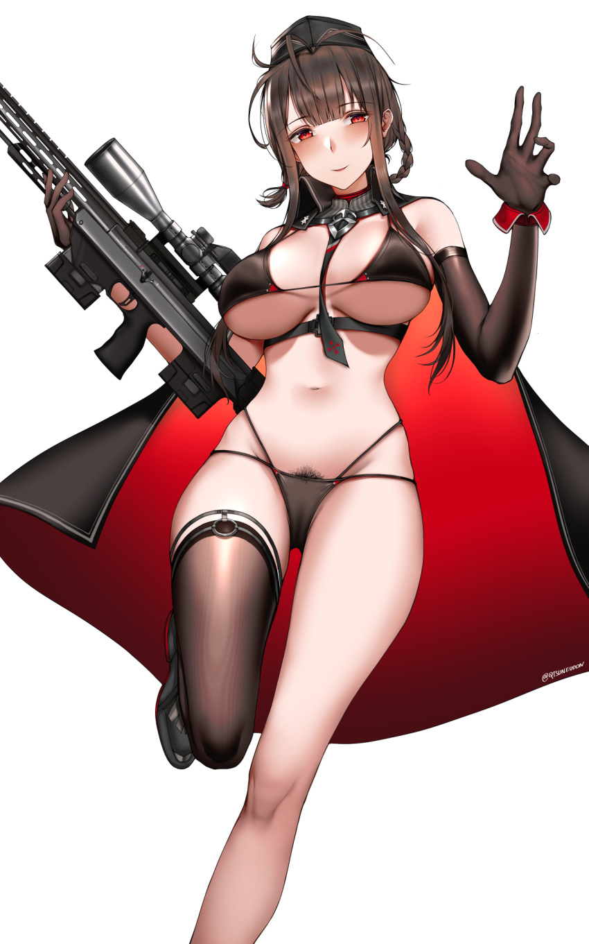 anti-materiel_rifle bikini blunt_bangs bolt_action breasts brown_bikini brown_hair bullpup cameltoe cape dsr-50 dsr-50_(girls'_frontline) garrison_cap girls'_frontline gun hat highres kitsune_udon_(ai_br) large_breasts multi-strapped_bikini_bottom red_eyes rifle scope sidelocks single_thighhigh sniper_rifle swimsuit thighhighs two-sided_cape two-sided_fabric weapon