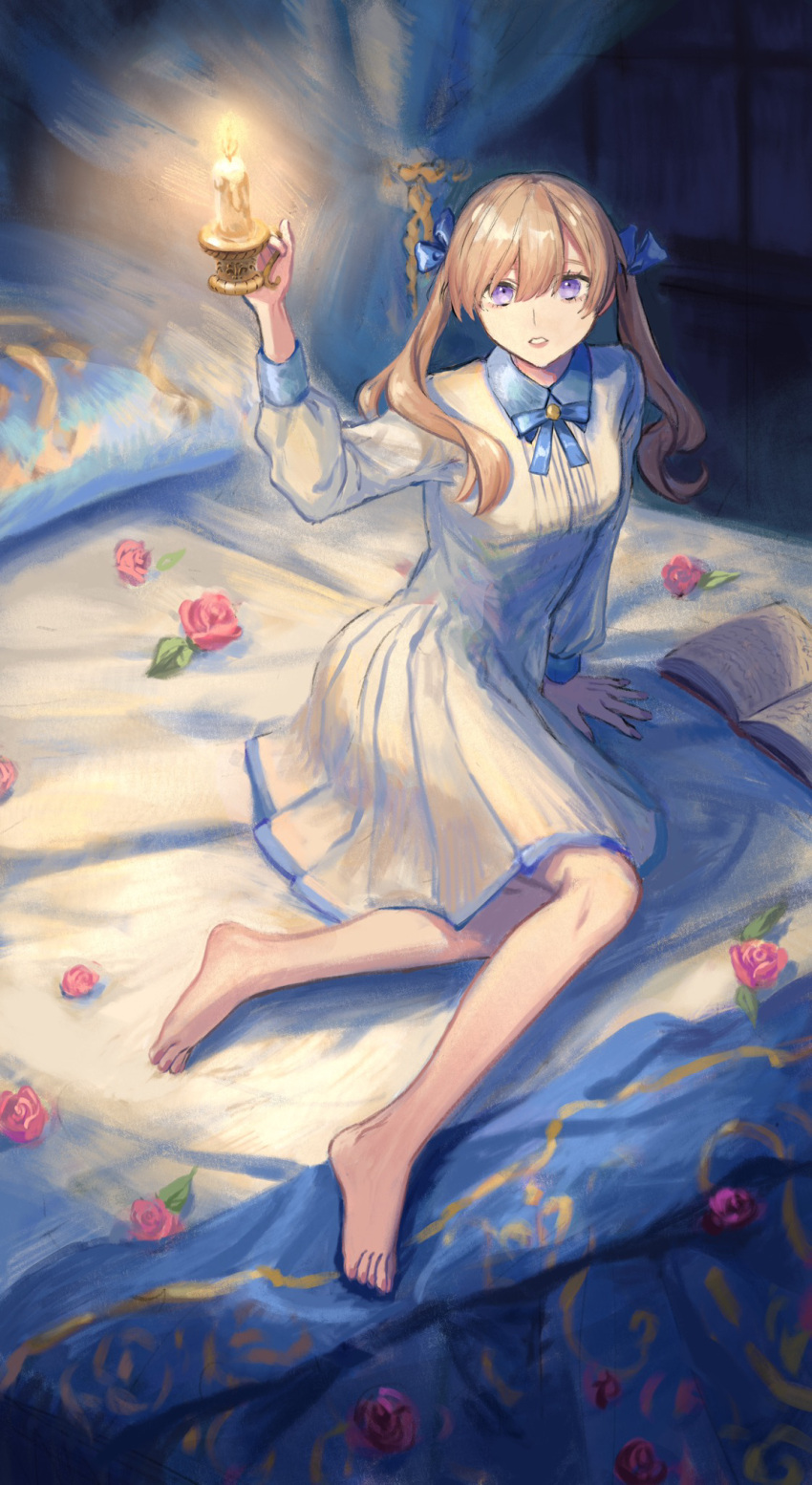 1girl barefoot bed bed_sheet blue_bow blue_bowtie book bow bowtie breasts candle candlelight collared_dress dress dyuba000 flower hand_up highres holding holding_candle light_brown_hair long_sleeves looking_at_viewer medium_breasts on_bed open_book original parted_lips purple_eyes rose sitting twintails wariza white_dress