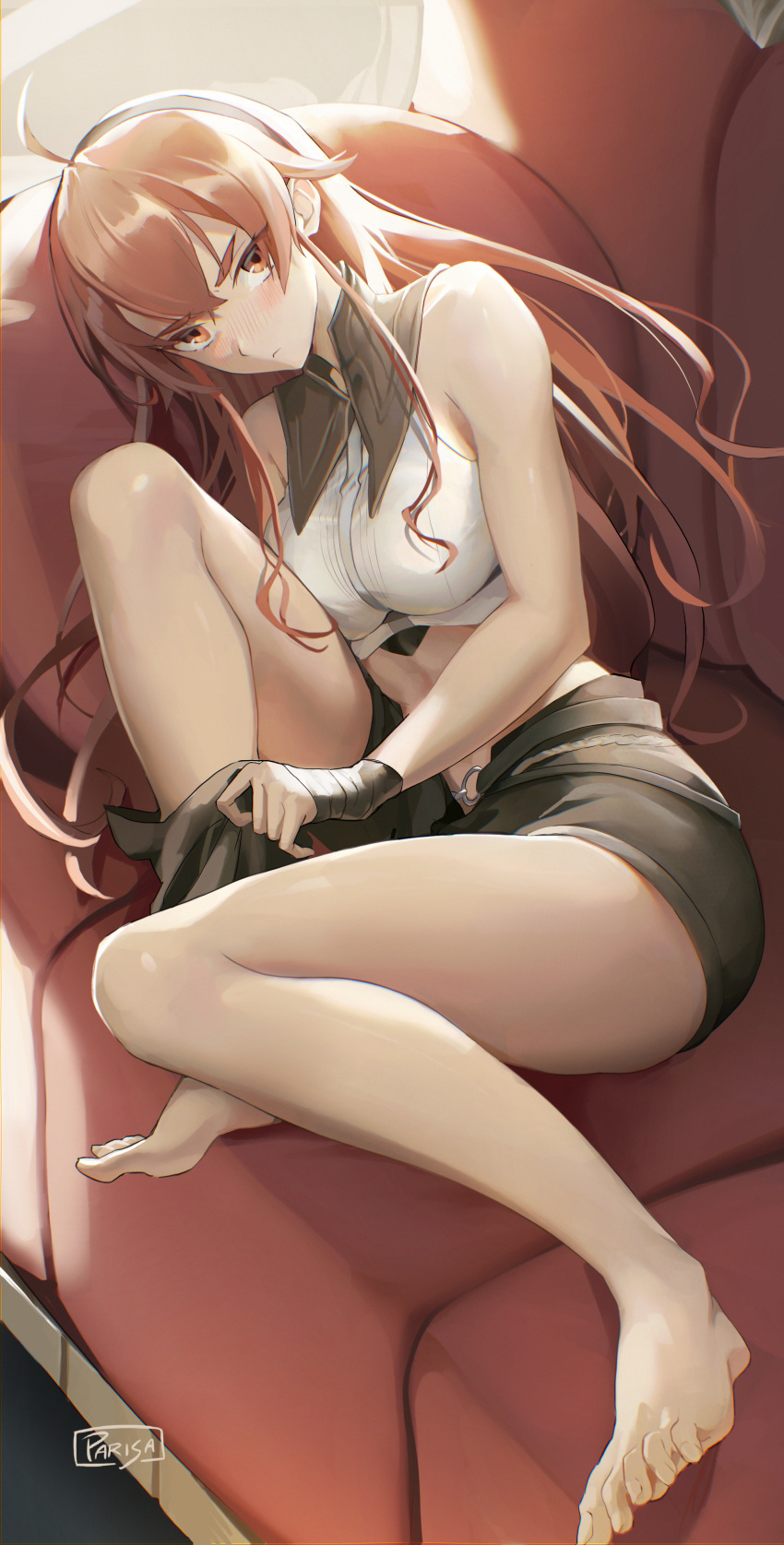 1girl absurdres aged_up ahoge bare_shoulders barefoot black_hairband blush breasts brown_shorts brown_thighhighs closed_mouth commentary couch crop_top crossed_bangs eris_greyrat full_body hair_between_eyes hairband hand_wraps highres large_breasts long_hair looking_at_viewer lying midriff mushoku_tensei on_couch on_side parisa_reaz red_eyes red_hair shadow shirt short_shorts shorts sidelocks signature sleeveless sleeveless_shirt solo thick_eyebrows thighhighs undressing very_long_hair white_shirt