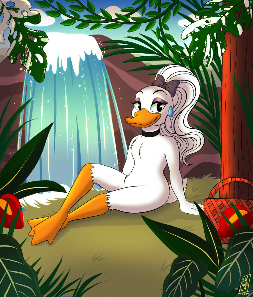 accessory anatid anseriform anthro avian bird bow_ribbon casual_nudity daisy_duck disney disney's_house_of_mouse duck ear_piercing ear_ring featureless_nudity female forest hair hair_accessory hair_bow hair_ribbon hi_res jungle long_hair long_ponytail lunula_(artist) nature nude outdoor_nudity piercing plant ponytail ribbons ring_piercing solo tree tropical vacation waterfall