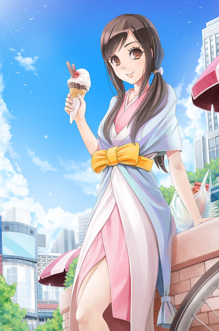 bag bangs blue_sky bow brown_eyes brown_hair cloud contemporary day dress highres ice_cream_cone long_dress long_hair looking_at_viewer outdoors parted_bangs ponytail sash shin_sekai_yori shopping_bag sky smile solo sunimu watanabe_saki