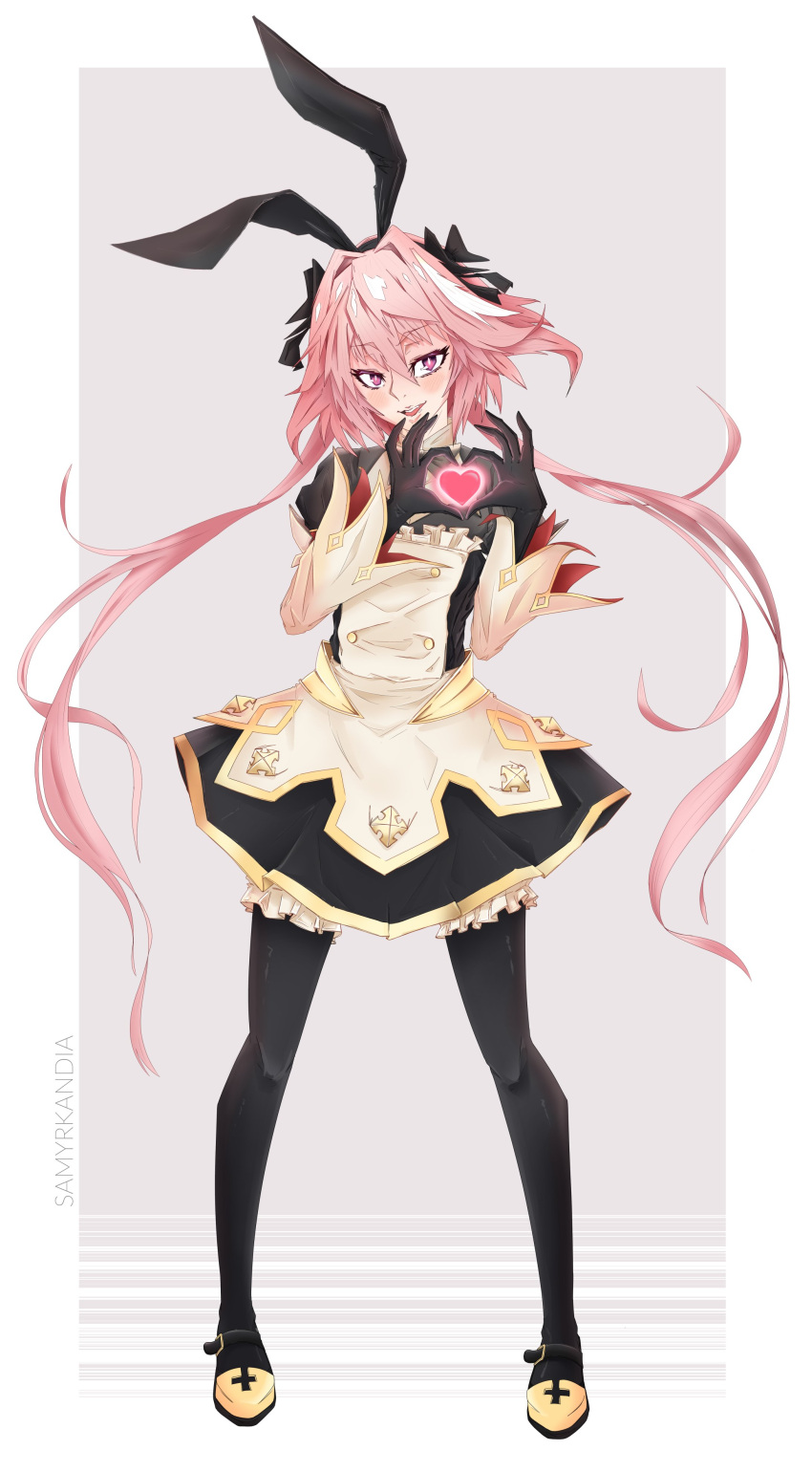 1boy absurdres animal_ears artist_name astolfo_(fate) astolfo_(saber)_(fate) astolfo_(saber)_(third_ascension)_(fate) black_bow black_bowtie black_gloves black_thighhighs bow bowtie fake_animal_ears fate/apocrypha fate/grand_order fate_(series) gloves hair_bow hair_intakes heart heart_hands highres layered_skirt long_hair low_twintails male_focus multicolored_hair otoko_no_ko pink_hair purple_eyes rabbit_ears samyrkandia skirt smile solo streaked_hair thighhighs twintails very_long_hair white_hair wing_collar