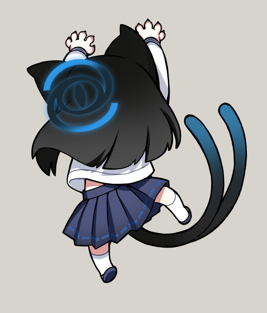 1girl animal_ears black_footwear black_hair black_skirt blue_archive blue_halo cat_ears cat_tail full_body grey_background halo highres kikyou_(blue_archive) long_sleeves matsuryuu multiple_tails pleated_skirt sandals school_uniform serafuku short_hair simple_background skirt socks solo tail two_tails white_socks zouri