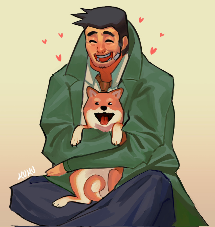 1boy ace_attorney animal black_hair brown_background closed_eyes coat collared_shirt dick_gumshoe dog facial_hair facing_ahead feet_out_of_frame goatee_stubble green_coat happy heart highres holding holding_animal holding_dog kukustar_(kukuu) male_focus mature_male missile_(ace_attorney) necktie open_mouth shirt short_hair sideburns sitting smile solo stubble teeth white_shirt