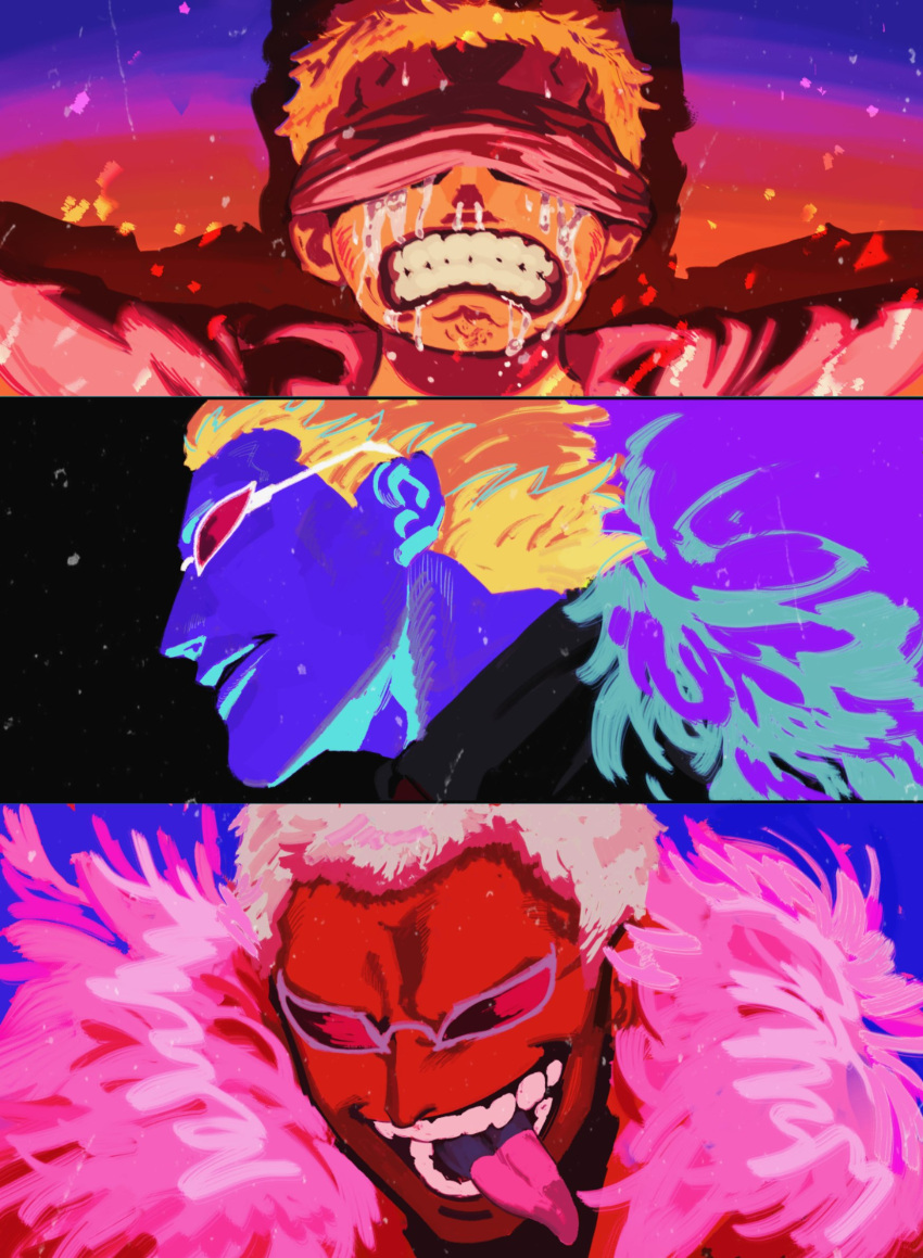 1boy age_progression blonde_hair coat crucifixion crying donquixote_doflamingo embers feather_coat highres inverted_colors ma_doldol male_focus one_piece open_mouth pink_coat pink_shirt scared shirt short_hair sunglasses teeth tongue tongue_out