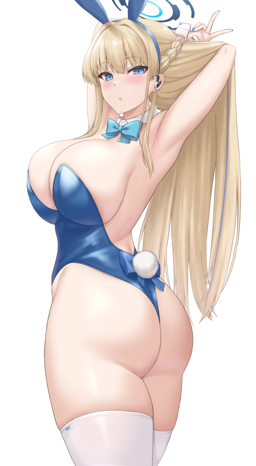 1girl absurdres animal_ears armpits arms_up ass bare_shoulders blonde_hair blue_archive blue_eyes blue_leotard blush bow bowtie braid breasts cleavage detached_collar earpiece fake_animal_ears french_braid halo highleg highleg_leotard highres large_breasts leotard long_hair looking_at_viewer playboy_bunny rabbit_ears sama_samasa solo thighhighs thighs toki_(blue_archive) toki_(bunny)_(blue_archive) v white_thighhighs wrist_cuffs