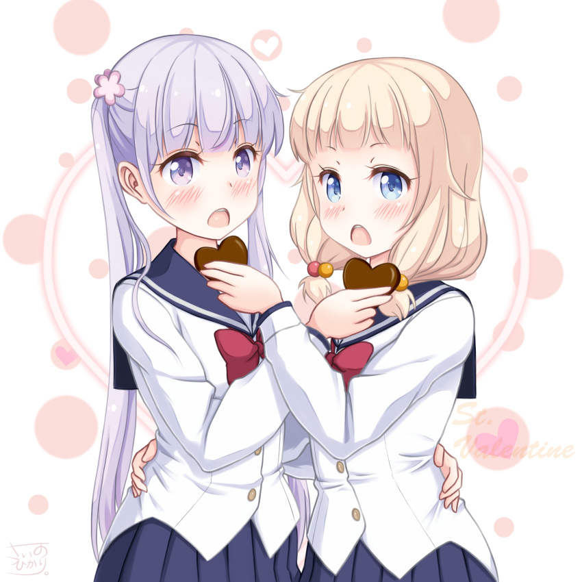 2girls absurdres black_skirt blonde_hair blue_eyes blue_sailor_collar blue_skirt blunt_bangs blush bow bowtie candy chocolate commentary_request dress_shirt embarrassed food hair_bobbles hair_ornament hair_over_shoulder hand_on_another's_hip head_tilt heart heart-shaped_chocolate heart_background highres jacket long_hair looking_at_viewer miniskirt multiple_girls new_game! open_mouth parted_bangs pleated_skirt purple_eyes purple_hair red_bow red_bowtie sailor_collar sainohikari sakura_nene school_uniform serafuku shirt signature simple_background skirt standing suzukaze_aoba teeth twintails upper_teeth_only valentine very_long_hair white_background white_jacket white_shirt yuri