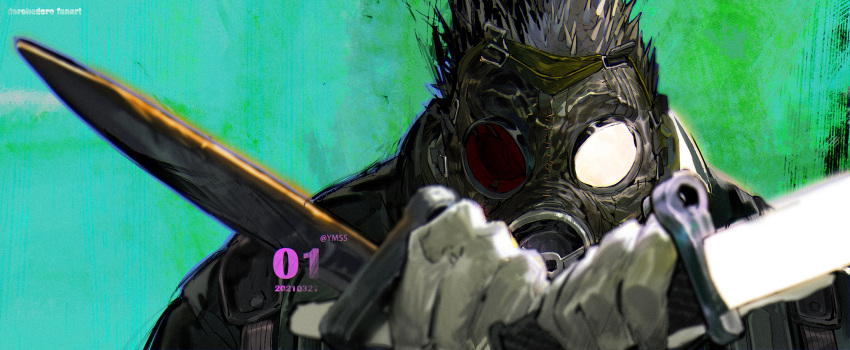 1boy caiman_(dorohedoro) dagger dorohedoro dual_wielding facing_viewer gas_mask glasses gloves gradient_background highres holding holding_dagger holding_knife holding_weapon jacket knife male_focus mask nano_(c175311) opaque_glasses partially_opaque_glasses portrait solo weapon