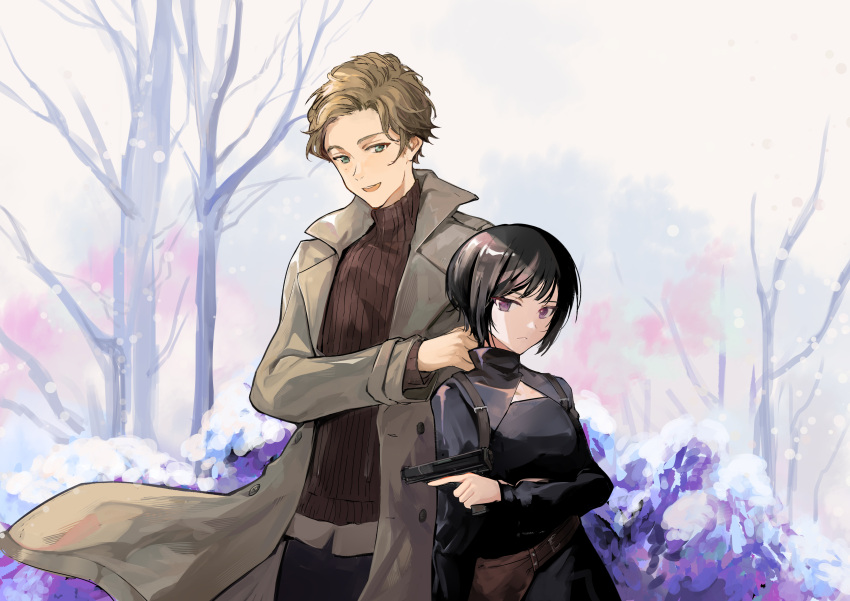 1boy 1girl :d absurdres black_dress black_hair black_sleeves blonde_hair brown_coat brown_sweater closed_mouth coat commentary dress echika_hieda green_eyes gun handgun harold_w._lucraft highres holding holding_gun holding_weapon long_sleeves looking_at_another looking_at_viewer open_clothes open_coat open_mouth outdoors purple_eyes ribbed_sweater short_hair shrug_(clothing) smile snowing sweater symbol-only_commentary tokiku tree trench_coat trigger_discipline turtleneck turtleneck_sweater upper_body weapon your_forma