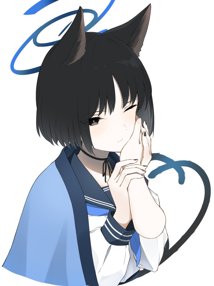 1girl absurdres animal_ears black_choker black_eyes black_hair black_nails blue_archive blue_neckerchief blush cat_ears cat_tail choker disembodied_limb exiadoon halo hand_grab hand_on_another's_cheek hand_on_another's_face haori highres holding_hands japanese_clothes kikyou_(blue_archive) long_sleeves multiple_tails nail_polish neckerchief one_eye_closed ribbon_choker school_uniform serafuku short_hair tail two_tails white_background