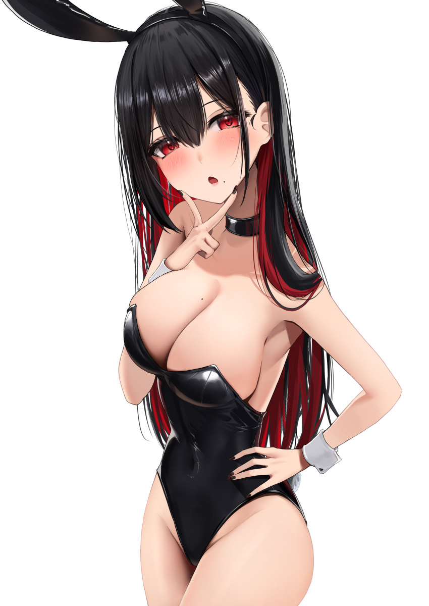 1girl :o absurdres amane_sora animal_ears bare_arms bare_shoulders black_choker black_hair black_hairband black_leotard black_nails blush breasts choker cleavage colored_inner_hair commentary_request covered_navel cowboy_shot fake_animal_ears hair_ornament hairband hand_on_own_hip hand_up heart heart-shaped_pupils highres large_breasts leotard looking_at_viewer mole mole_on_breast mole_under_mouth multicolored_hair nail_polish open_mouth original playboy_bunny rabbit_ears red_eyes red_hair simple_background solo symbol-shaped_pupils two-tone_hair white_background wrist_cuffs