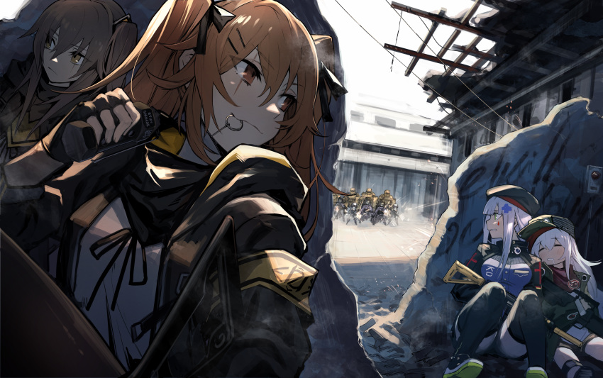 404_(girls_frontline) 4girls :3 =_= absurdres assault_rifle bangs beret black_gloves black_hat black_jacket black_legwear black_ribbon black_skirt blush breasts brown_eyes brown_hair clenched_teeth closed_mouth commentary_request day drooling dutch_angle eyebrows_visible_through_hair eyes_closed facial_mark fingerless_gloves firing flashbang g11 g11_(girls_frontline) girls_frontline gloves green_eyes grey_hair gun hair_between_eyes hair_ornament hair_ribbon hairclip hat heckler_&amp;_koch highres hk416 hk416_(girls_frontline) holding holding_gun holding_weapon hood hood_down hooded_jacket jacket knees_up large_breasts leaning_back leaning_on_person long_hair long_sleeves looking_to_the_side mephist-pheles miniskirt mouth_hold multiple_girls muzzle_flash one_side_up open_clothes open_jacket outdoors parted_lips peaked_cap profile purple_shirt ribbon rifle scar scar_across_eye scarf shirt shoes sidelocks sitting skirt sky sleeves_past_wrists smoke teeth thighhighs twintails ump45_(girls_frontline) ump9_(girls_frontline) weapon white_hair white_shirt