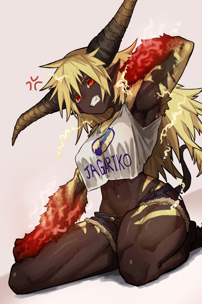 1girl absurdres anger_vein armpits barefoot blonde_hair breasts clenched_teeth commentary_request dark-skinned_female dark_skin denim denim_shorts dragon_girl ekrea_jan electricity fang hair_between_eyes highres horns humanization kneeling long_hair medium_breasts monster_girl monster_hunter_(series) muscular muscular_female navel on_ground parted_lips rajang red_eyes shadow shirt shorts simple_background solo steam tail teeth very_long_hair white_background white_shirt wince