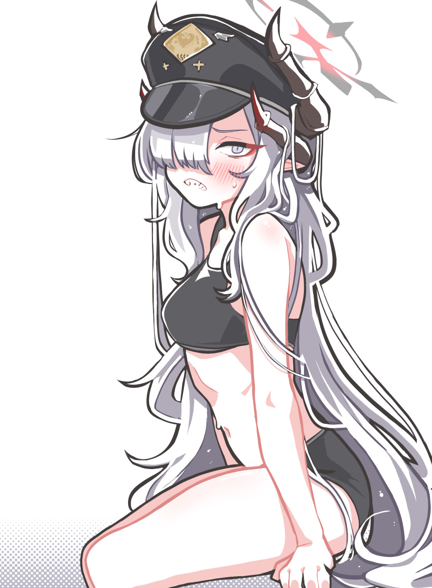 1girl absurdres asymmetrical_bangs black_headwear black_horns black_shorts black_sports_bra blue_archive blush breasts clenched_teeth dolphin_shorts feet_out_of_frame grey_hair hair_over_one_eye halo hat highres horns korean_commentary long_hair looking_at_viewer makoto_(blue_archive) medium_breasts multiple_horns navel peaked_cap pointy_ears shoeguy shorts simple_background sitting solo sports_bra sportswear teeth white_background