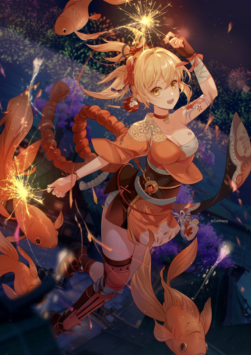 1girl absurdres arm_tattoo artist_name asymmetrical_clothes asymmetrical_legwear bandaged_arm bandages black_gloves blonde_hair breasts building celtreny chest_tattoo choker commentary_request fingerless_gloves fireworks fish full_body genshin_impact geta gloves goldfish hadanugi_dousa hair_ornament highres japanese_clothes kimono kneehighs looking_at_viewer medium_breasts night obi open_mouth orange_kimono outdoors ponytail red_choker sarashi sash single_fingerless_glove single_kneehigh single_sock single_thighhigh smile socks solo tattoo teeth thighhighs upper_teeth_only vision_(genshin_impact) yellow_eyes yoimiya_(genshin_impact)