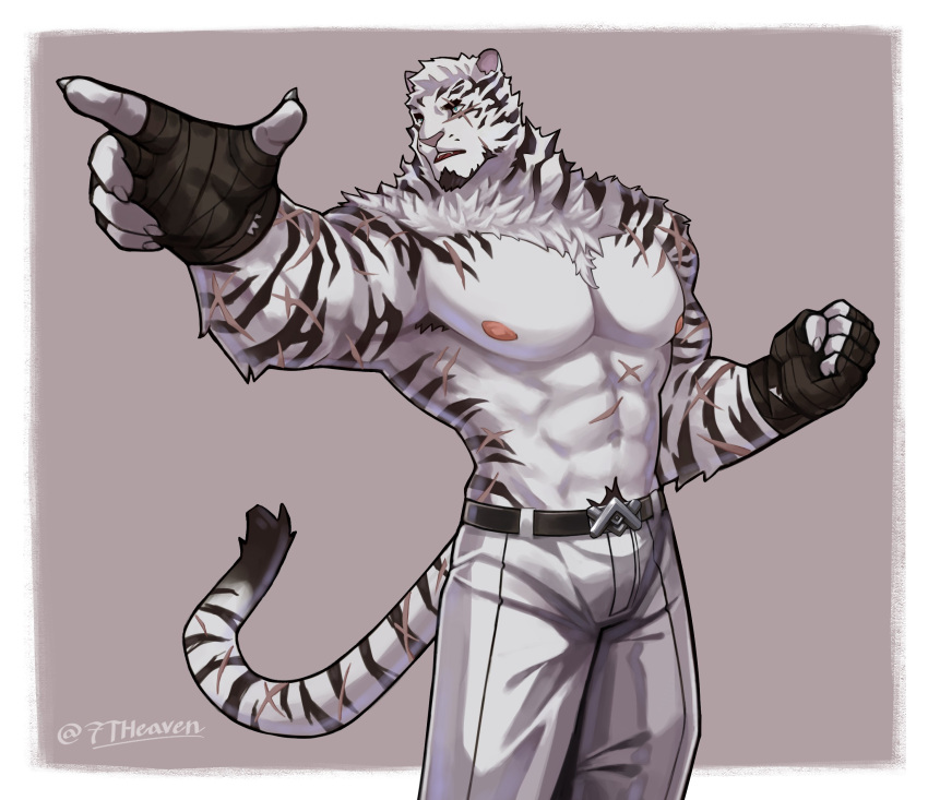 1boy 7th_art_forge abs absurdres animal_ears arknights bandaged_hand bandages bara belt black_bandages black_belt claws clenched_hand english_commentary furry furry_male highres male_focus mountain_(arknights) multiple_scars muscular muscular_male pants pectorals scar scar_across_eye scar_on_arm scar_on_cheek scar_on_chest scar_on_face scar_on_stomach scar_on_tail tail tiger_boy tiger_ears tiger_stripes tiger_tail topless_male twitter_username white_pants