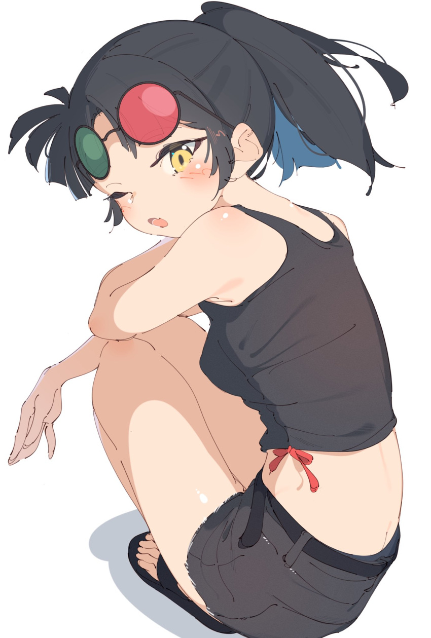 1girl 3d_glasses an-an_lee bare_arms black_hair black_shorts black_tank_top breasts eyewear_on_head full_body highres long_hair looking_at_viewer looking_back one_eye_closed open_mouth ponytail rasusurasu reverse:1999 sandals shorts simple_background small_breasts solo squatting sunglasses tank_top white_background yellow_eyes