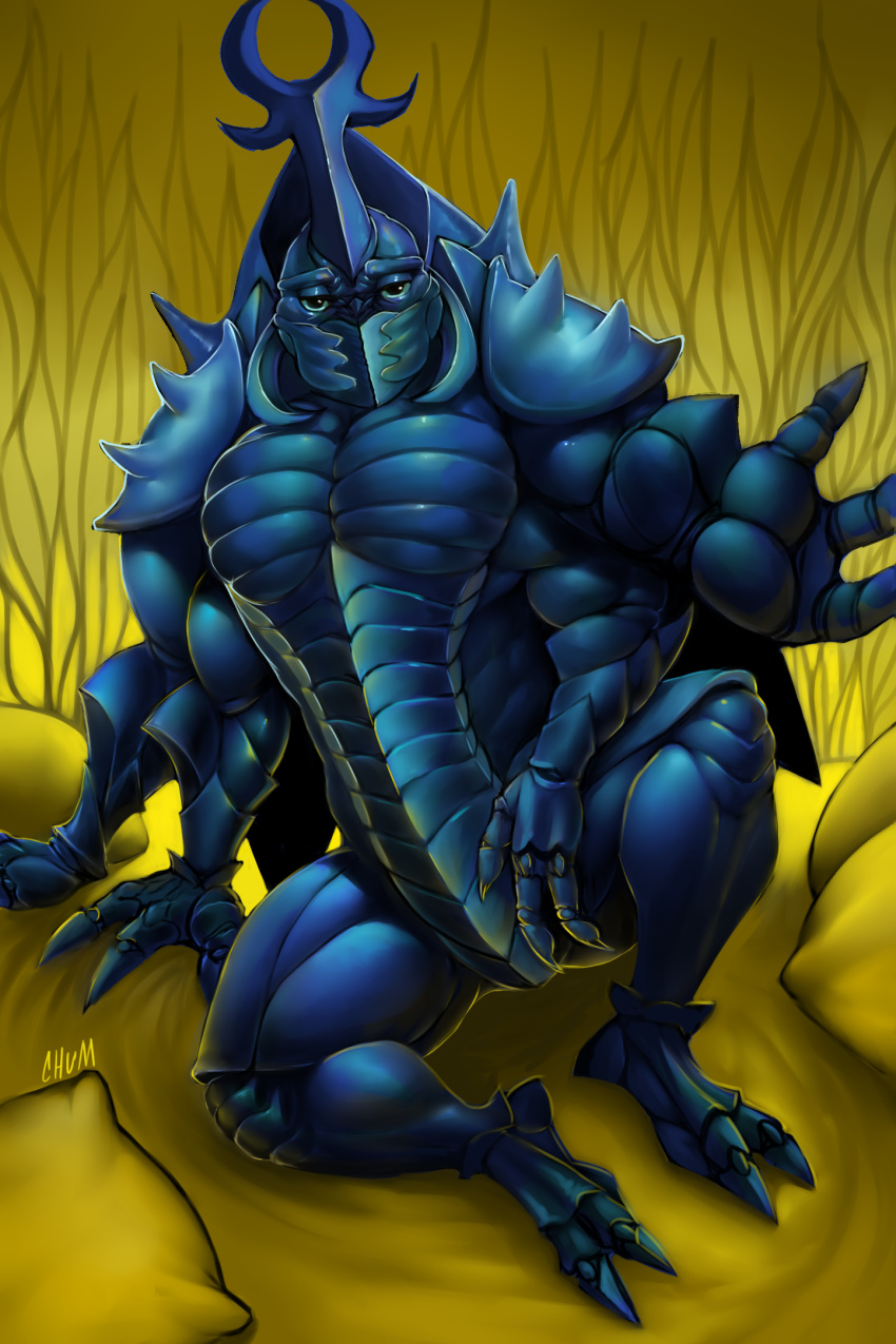 2_toes 3_fingers 4_arms anthro arthropod beetle blue_body blue_eyes chumbasket claws exoskeleton feet fingers hi_res horn insect looking_at_viewer male multi_arm multi_limb muscular muscular_male nude pillow reaching_towards_viewer sitting solo stag_beetle toes