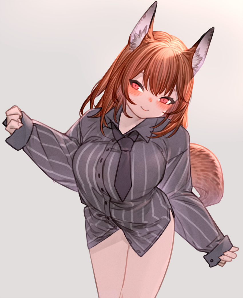 1girl animal_ears arknights brown_eyes brown_hair cowboy_shot fox_ears fox_girl fox_tail franka_(arknights) grey_shirt highres kochiya_(gothope) long_sleeves necktie no_pants shirt short_necktie simple_background sleeves_past_wrists smile solo standing striped_clothes striped_shirt tail vertical-striped_clothes vertical-striped_shirt