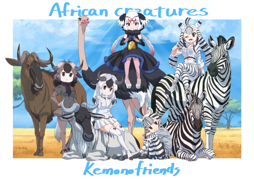 5girls animal animal_ears animal_print belt black_eyes black_hair black_wildebeest_(kemono_friends) blue_wildebeest_(kemono_friends) bow bowtie chapman's_zebra_(kemono_friends) dress elbow_gloves extra_ears gloves grey_hair hair_ornament horns kemono_friends kemono_friends_3 looking_at_viewer multiple_girls ostrich_(kemono_friends) outdoors pantyhose plains_zebra_(kemono_friends) scarf shirt shoes short_hair shorts skirt sleeveless suspenders tail thighhighs white_hair yamaguchi_yoshimi zebra_ears zebra_girl zebra_print