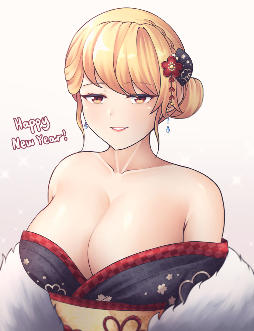 1girl absurdres alternate_costume azur_lane bare_shoulders black_kimono blonde_hair blue_gemstone breasts cleavage collarbone earrings english_commentary feather_boa flower gem hair_flower hair_ornament happy_new_year highres huge_breasts japanese_clothes jewelry kimono looking_at_viewer prince_of_wales_(azur_lane) pumpkinpaii red_flower sash simple_background smile solo upper_body white_background yellow_eyes yellow_sash