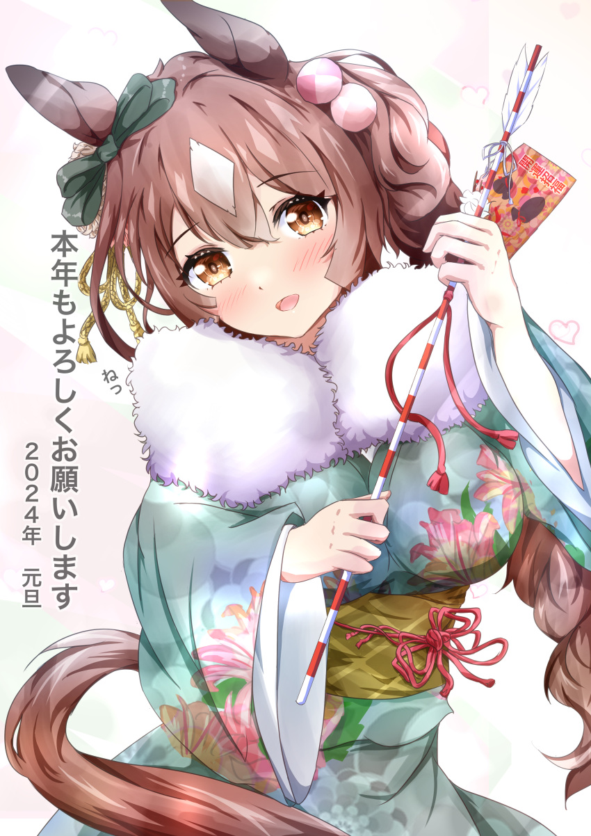 1girl 2024 :d absurdres alternate_hairstyle animal_ears arrow_(projectile) blush bow breasts brown_eyes brown_hair ear_bow floral_print furisode green_bow green_kimono hair_between_eyes hair_ornament hamaya head_tilt highres holding holding_arrow horse_ears horse_girl horse_tail impossible_clothes japanese_clothes kimono large_breasts long_hair looking_at_viewer multicolored_hair new_year satono_diamond_(umamusume) smile solo streaked_hair sugi_(user_nash8444) tail tail_through_clothes umamusume upper_body white_hair