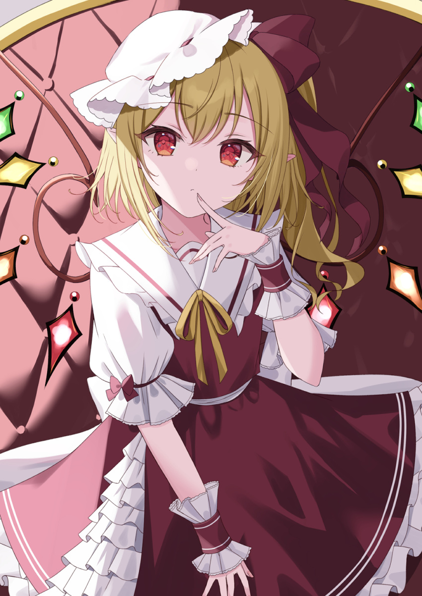 1girl blonde_hair crystal_wings duplicate finger_to_mouth flandre_scarlet frilled_shirt_collar frilled_skirt frills hat highres kamachi_(kamati0maru) looking_at_viewer mob_cap multicolored_wings one_side_up pixel-perfect_duplicate pointy_ears puffy_short_sleeves puffy_sleeves red_eyes red_ribbon red_skirt red_vest ribbon shirt short_sleeves skirt skirt_set solo touhou vest white_shirt wings wrist_cuffs yellow_ribbon