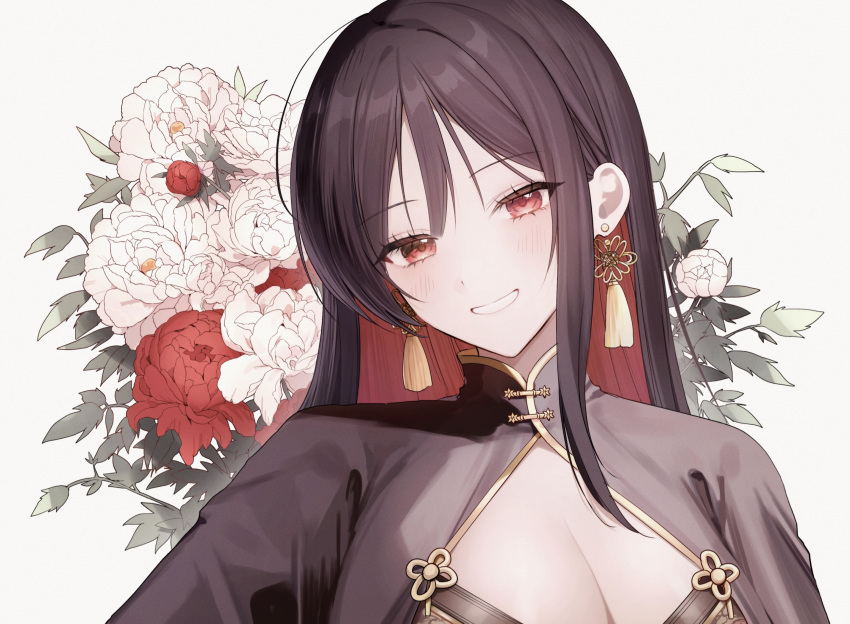 1girl absurdres black_hair bouquet breasts dress earrings flower goddess_of_victory:_nikke highres jewelry kumo_tabetai looking_at_viewer moran_(nikke) multicolored_hair red_eyes red_hair simple_background smile solo upper_body white_background