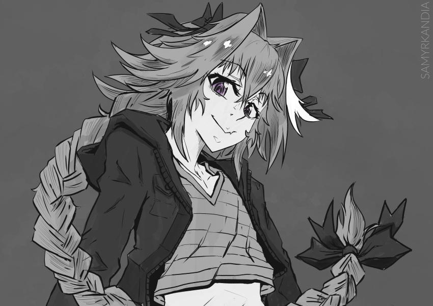 1boy absurdres artist_name astolfo_(fate) astolfo_(memories_at_trifas)_(fate) black_bow bow braid cropped_jacket cropped_shirt fang fate/apocrypha fate/grand_order fate_(series) grey_background greyscale hair_bow hair_intakes highres hood hooded_jacket jacket long_braid long_hair looking_at_viewer male_focus midriff monochrome multicolored_hair otoko_no_ko purple_eyes samyrkandia shirt single_braid skin_fang smile solo spot_color streaked_hair striped_clothes striped_shirt v-neck white_hair