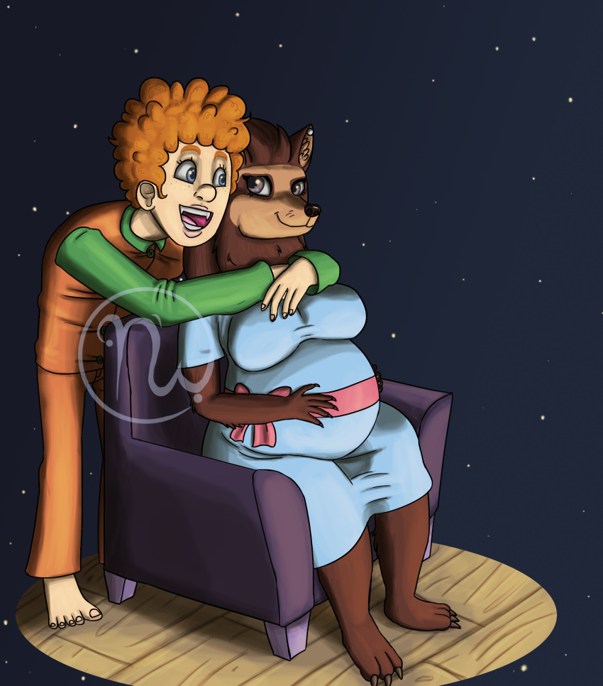 2019 3_toes 5_fingers 5_toes absurd_res age_difference aged_up anthro arms_around_neck arms_around_partner artist_logo belly big_belly big_breasts blue_clothing blue_dress blue_eyes bottomwear bow_ribbon breasts brown_body brown_claws brown_fur brown_hair canid canine chair claws clothing curled_hair dennis_(hotel_transylvania) digital_drawing_(artwork) digital_media_(artwork) dress duo ear_piercing eye_contact eyebrows eyelashes fangs feet female fingernails fingers floor fur furniture green_clothing grey_eyes hair hand_on_breast hand_on_stomach hi_res hotel_transylvania human humanoid hybrid inner_ear_fluff interspecies leaning leaning_on_another lips logo looking_at_another male mammal monster multicolored_body multicolored_clothing multicolored_fur nails neck_tuft older_anthro older_female open_mouth orange_bottomwear orange_clothing orange_hair orange_pajamas orange_pants pajama_pants pajama_shirt pajamas pants paws piercing pink_tongue pregnant pregnant_anthro pregnant_female purple_chair romantic romantic_couple short_hair sitting skywater smile smiling_at_another smiling_at_each_other smiling_at_partner sony_corporation sony_pictures standing star tan_body tan_skin teeth thick_thighs toenails toes tongue tuft vampire were werecanid werecanine werewolf whiskers wide_hips winnie_werewolf_(hotel_transylvania) wood wood_floor younger_human younger_male