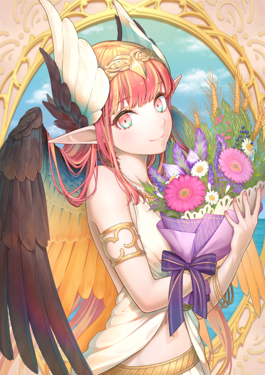 1girl absurdres armlet bare_shoulders bouquet bow bracelet breasts brown_wings circe_(fate) circlet cloud daisan_oujo fate/grand_order fate_(series) feathered_wings flower head_wings highres holding holding_bouquet jewelry long_hair looking_at_viewer navel necklace picture_frame pink_flower pink_hair pointy_ears purple_bow skirt sky small_breasts smile solo white_flower winged_hair_ornament wings