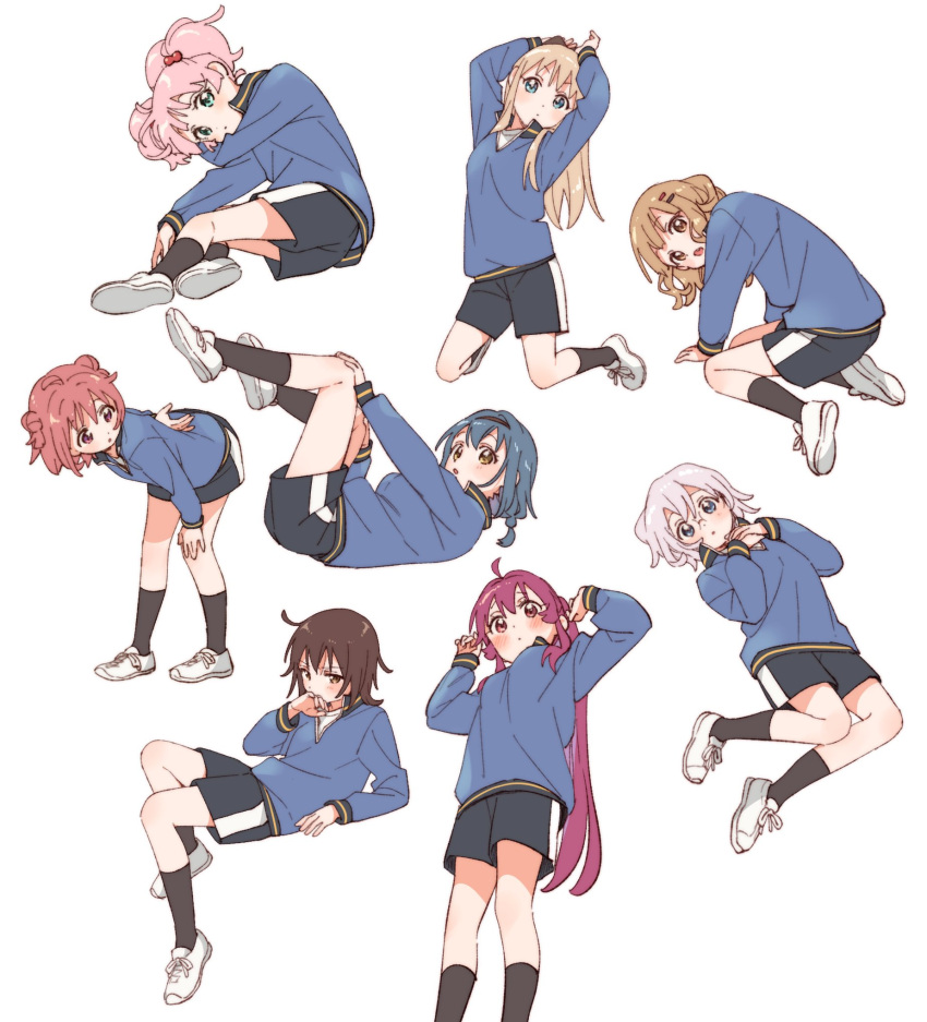 6+girls :o ahoge akaza_akari arms_up black_hair black_shorts black_socks blonde_hair blue_eyes blue_hair blue_shirt blush breasts brown_eyes brown_hair closed_mouth double_bun feet_out_of_frame from_below full_body funami_yui furutani_himawari green_eyes gym_uniform hair_bobbles hair_bun hair_intakes hair_ornament hand_on_own_knee hands_up highres ikeda_chitose kneeling leaning_forward legs_up long_hair long_sleeves looking_at_viewer lying multiple_girls multiple_views namori on_back oomuro_sakurako open_mouth pink_eyes pink_hair ponytail purple_eyes purple_hair shirt short_hair shorts simple_background sleeve_cuffs socks solo standing sugiura_ayano toshinou_kyouko twintails very_long_hair white_background white_footwear white_hair white_stripes yoshikawa_chinatsu yuru_yuri