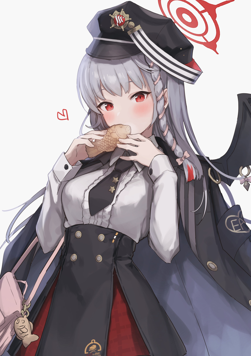 1girl absurdres black_dress black_headwear black_jacket black_necktie black_wings blue_archive braid breasts collared_shirt commentary_request demon_wings dress eating food grey_hair halo haruna_(blue_archive) hat heart highres holding holding_food jacket jacket_on_shoulders large_breasts long_hair long_sleeves looking_at_viewer multicolored_clothes multicolored_dress necktie peaked_cap red_eyes red_halo shiratakiseaice shirt side_braid simple_background single_wing solo very_long_hair white_background white_shirt wing_ornament wing_piercing wings