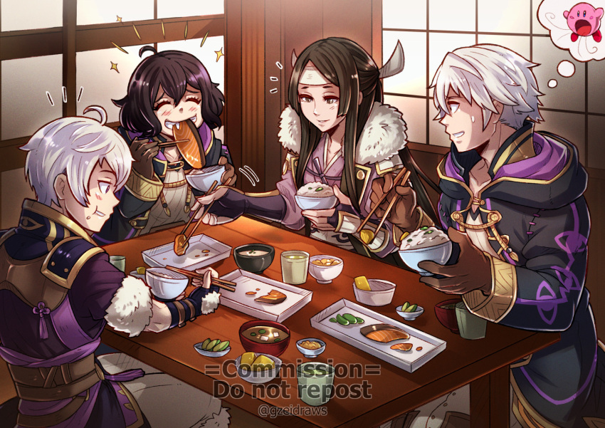 2boys 2girls ahoge black_hair brown_gloves chopsticks coat dual_persona eating family fire_emblem fire_emblem_awakening gloves grey_hair gzei headband highres kirby kirby_(series) morgan_(female)_(fire_emblem) morgan_(fire_emblem) morgan_(male)_(fire_emblem) multiple_boys multiple_girls robin_(fire_emblem) robin_(male)_(fire_emblem) say'ri_(fire_emblem) smile table thought_bubble white_headband